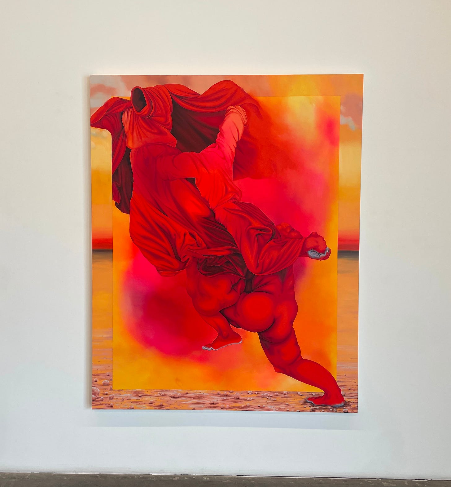 Orange and yellow oil painting of a faceless male figure wrestling the garments of an angel
