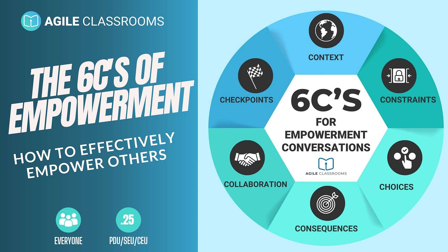 graphic showing the 6C’s of Empowerment Framework—Context, Constraints, Choices, Consequences, Collaboration, and Checkpoints—with the tagline “How to Effectively Empower Others” from Agile Classrooms.