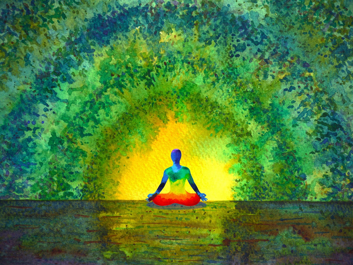 Figure meditating with lovely green and blue energy above him or her