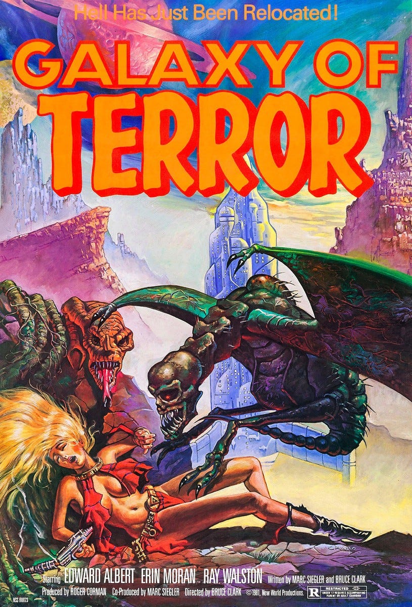 Poster for Galaxy of Terror featuring a scantily clad sci-fi lady and some thirsty aliens