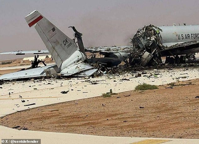 An image appears to show a US Air Force E-3G Sentry aircraft sitting in ruins at Prince Sultan Air Base in Saudi Arabia after an Iranian missile and drone strike