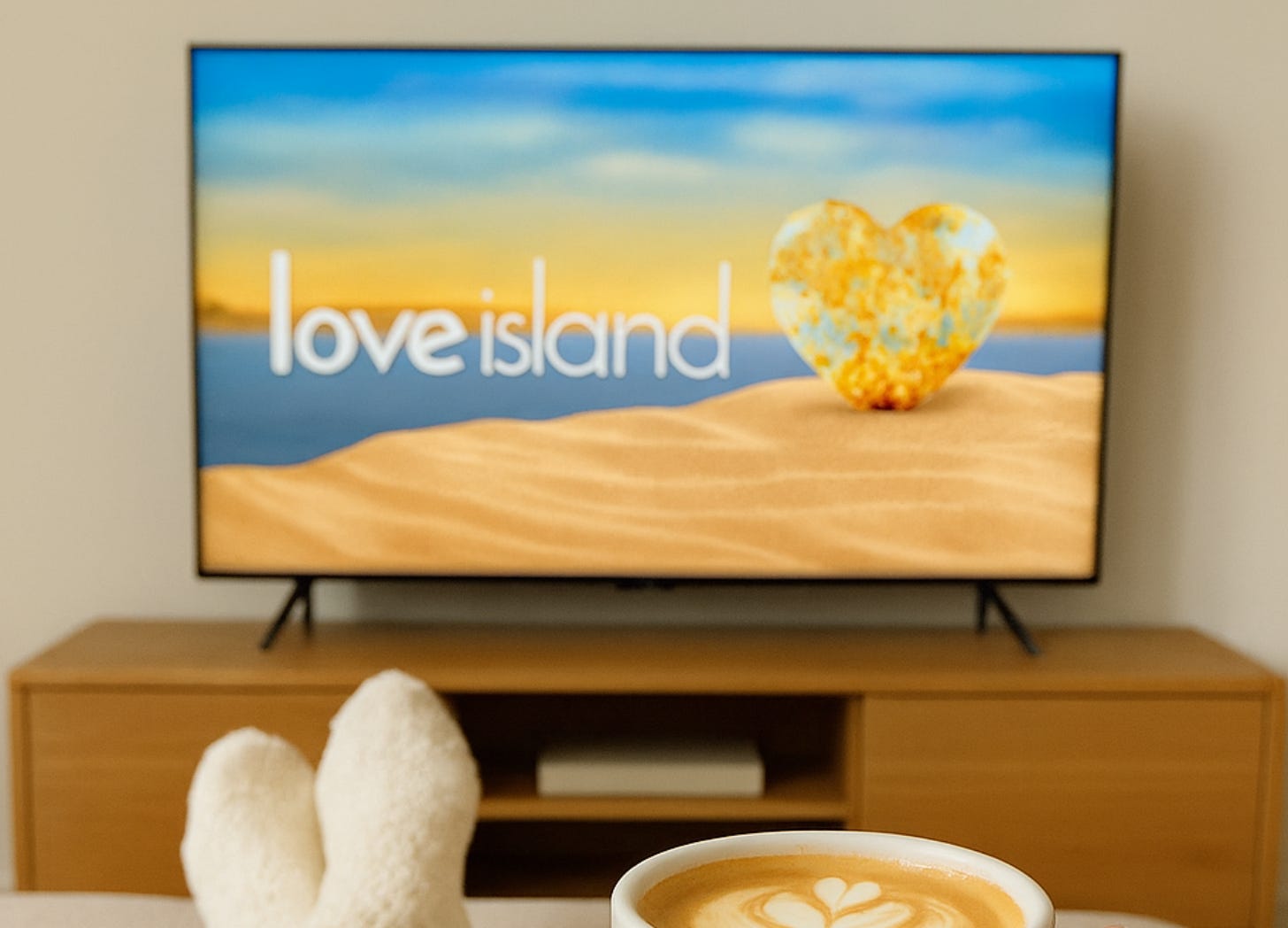 A cozy living room setup with feet in fuzzy socks facing a TV screen showing the title “Love Island,” with a latte in the foreground.
