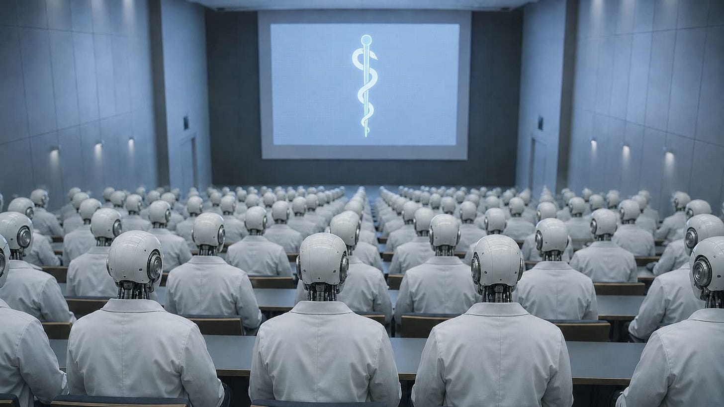 A lecture hall of robots in white coats facing a screen displaying the rod of Asclepius