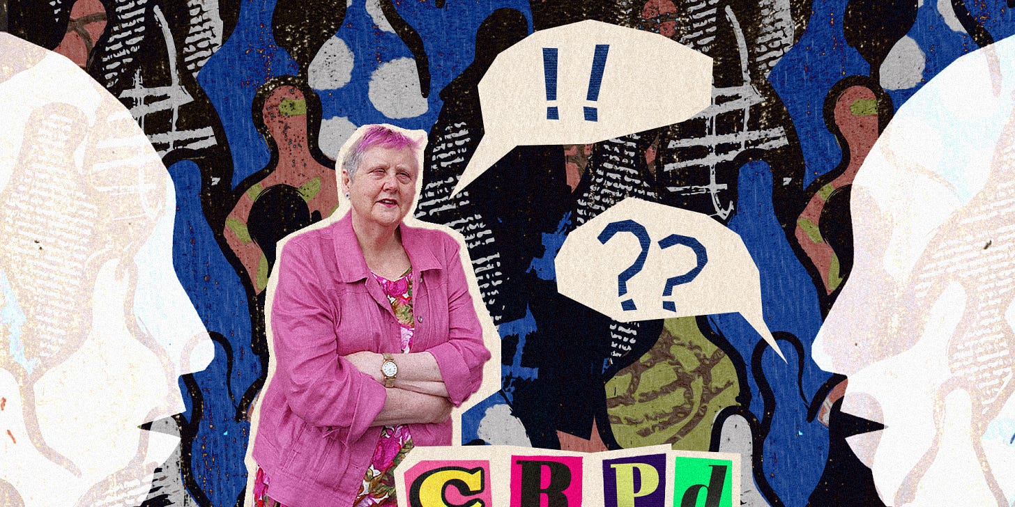 Robyn Hunt has pink hair and wear a pink jacket. She is pictured surrounded by speech bubbles, faces and the letters CRPD. Robyn Hunt has pink hair and wear a pink jacket. She is pictured surrounded by speech bubbles, faces and the letters CRPD.