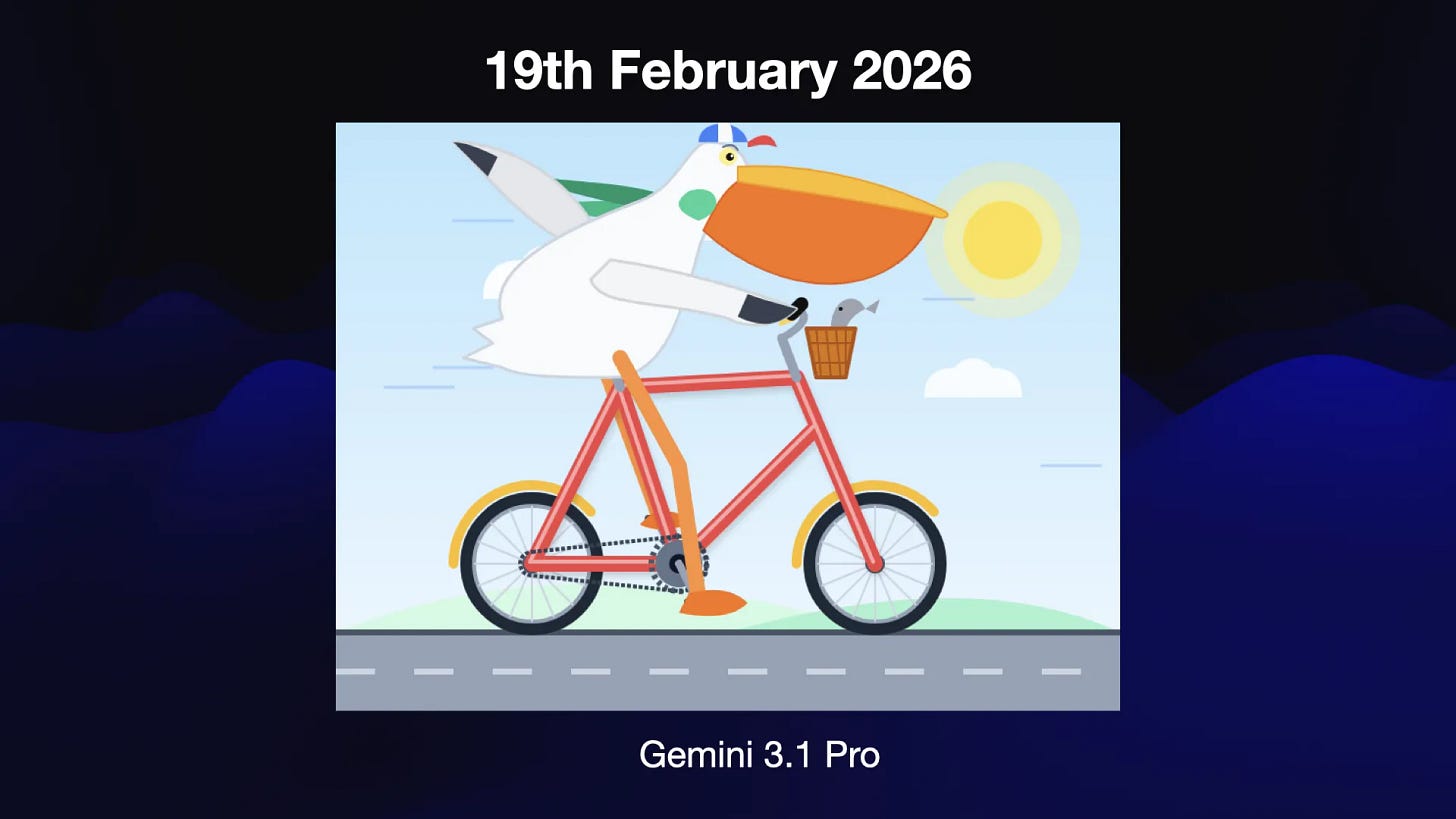 19th February 2026
Gemini 3.1 Pro

A surprisingly good illustration of a pelican riding a bicycle.