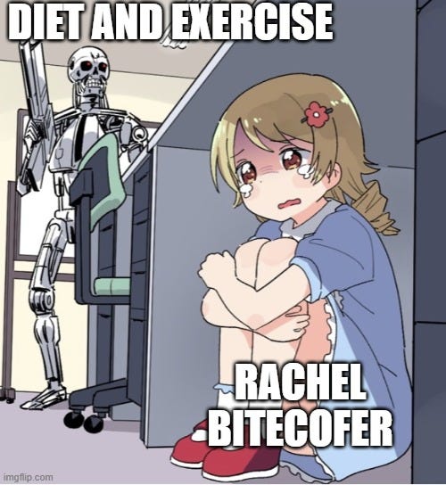 The image features an anime-style girl named Rachel Bitecofer, crouching fearfully in a corner with tears, wearing a blue dress and red shoes, with a flower in her hair. Behind her, a skeletal robot holding a gun stands menacingly, suggesting violence. The text 'DIET AND EXERCISE' is at the top, and 'RACHEL BITECOFER' is below her, implying a meme mocking her focus on health mandates. The post context, referencing Hitler\'s health policies and war machine, adds a dark political satire, combining anime, violence, and commentary. An 'imgflip.com' watermark is visible, indicating the meme\'s origin. The image features an anime-style girl named Rachel Bitecofer, crouching fearfully in a corner with tears, wearing a blue dress and red shoes, with a flower in her hair. Behind her, a skeletal robot holding a gun stands menacingly, suggesting violence. The text 'DIET AND EXERCISE' is at the top, and 'RACHEL BITECOFER' is below her, implying a meme mocking her focus on health mandates. The post context, referencing Hitler\'s health policies and war machine, adds a dark political satire, combining anime, violence, and commentary. An 'imgflip.com' watermark is visible, indicating the meme\'s origin.