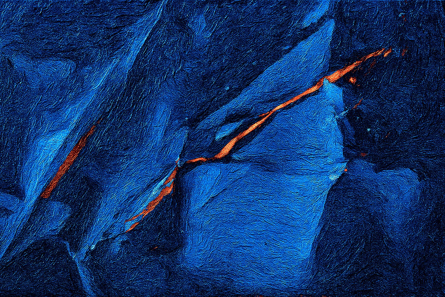 A close-up of a sheet of dark, sharp metal sliced thinly in the center; painterly brush strokes. A close-up of a sheet of dark, sharp metal sliced thinly in the center; painterly brush strokes.