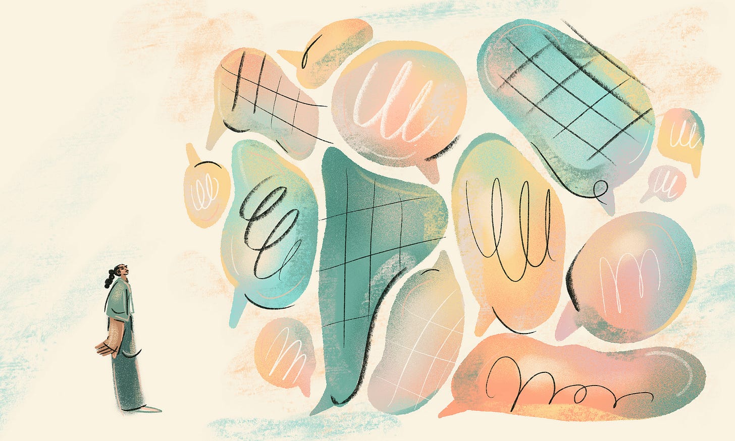 An illustration of a woman looking at a range of chaotic speech bubbles. An illustration of a woman looking at a range of chaotic speech bubbles.