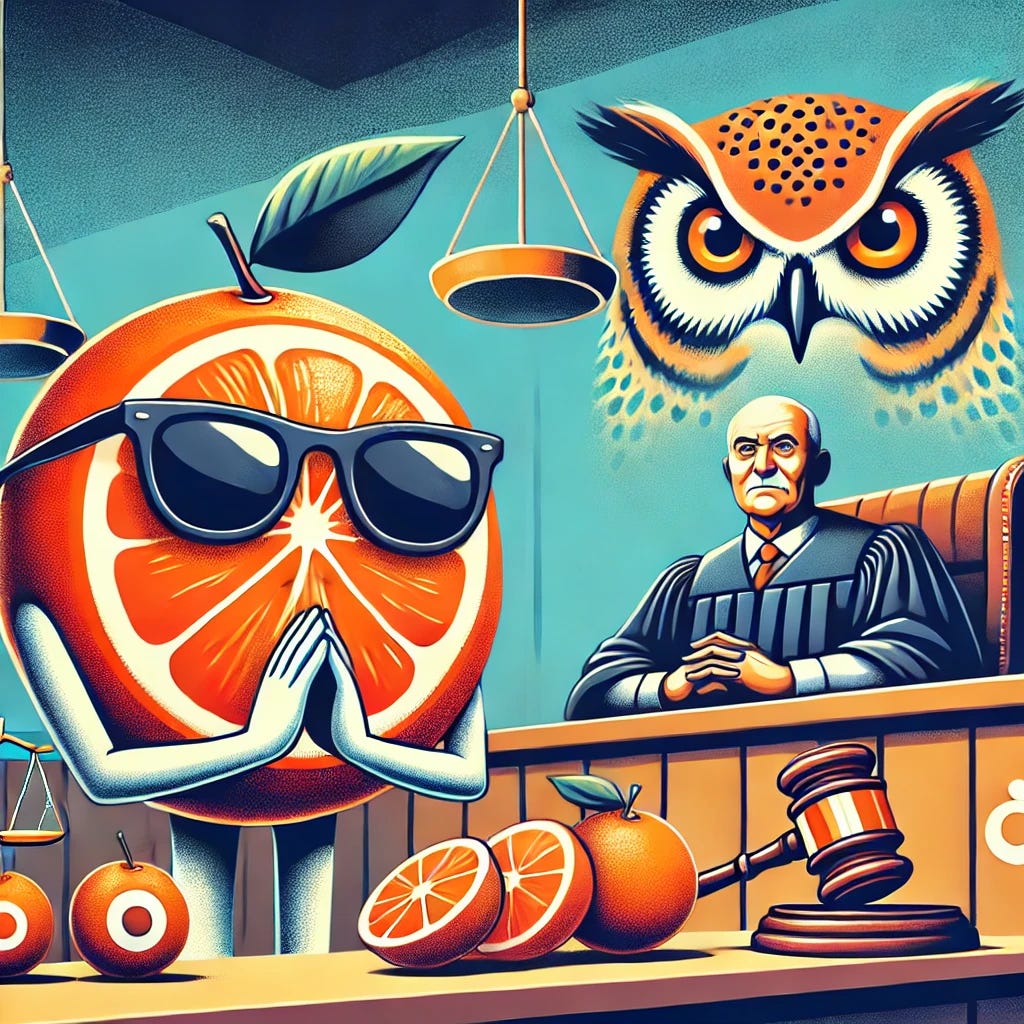 An illustration representing the topic of a fine given to Orange for privacy violations. The image features a courtroom setting with a large orange fruit wearing sunglasses and looking guilty, symbolizing the company. In the background, a wise owl acts as a judge, emphasizing justice and oversight.