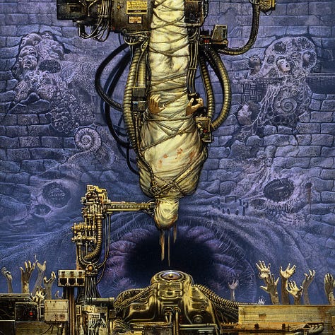 A series of three details from CACOPHONY featuring a body bound by cords and wrapped in a sheet dangling over a glassy eye set in a bank of mechanical equipment. From behind the machinery, hands reach up like some hellish concert crowd.