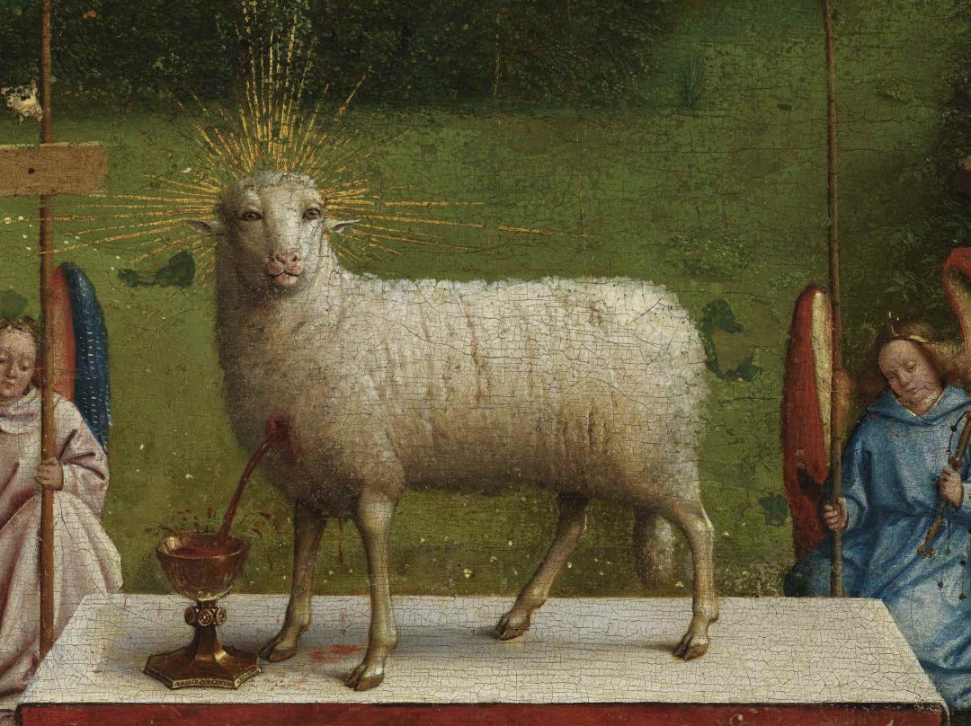 Close detail of the Lamb of God from the Ghent Altarpiece after restoration, showing forward facing eyes Close detail of the Lamb of God from the Ghent Altarpiece after restoration, showing forward facing eyes
