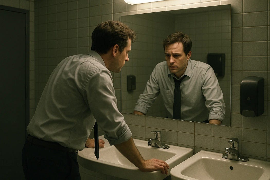 A man in a dress shirt and loosened tie leans over a bathroom sink, staring intensely at his reflection in the mirror. His expression is tense and worn, suggesting inner turmoil, burnout, or a moment of private emotional reckoning in an otherwise professional setting.