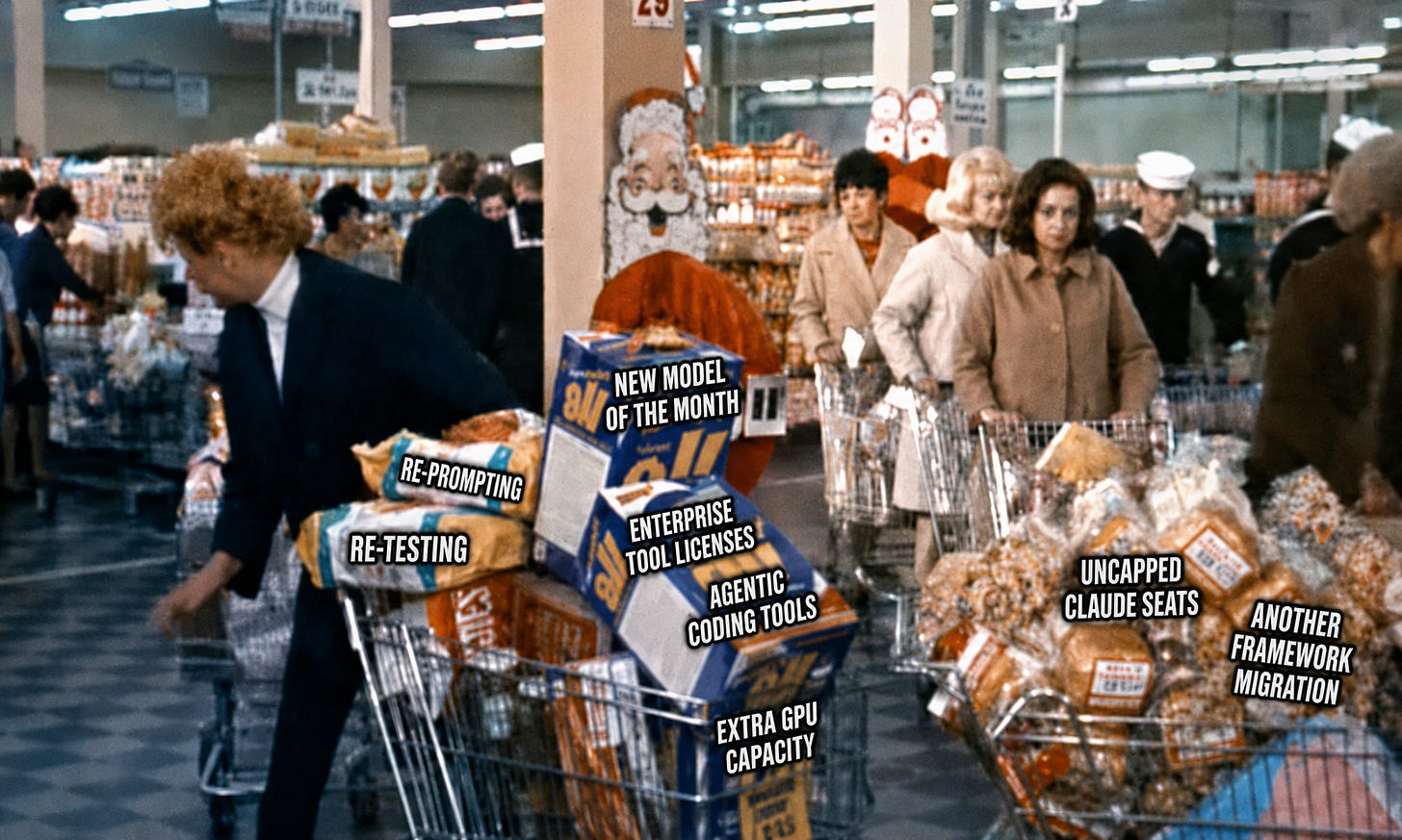 Shoppers pushing overloaded supermarket carts labeled with new AI models, enterprise licenses, coding agents, GPU capacity and repeated migrations.