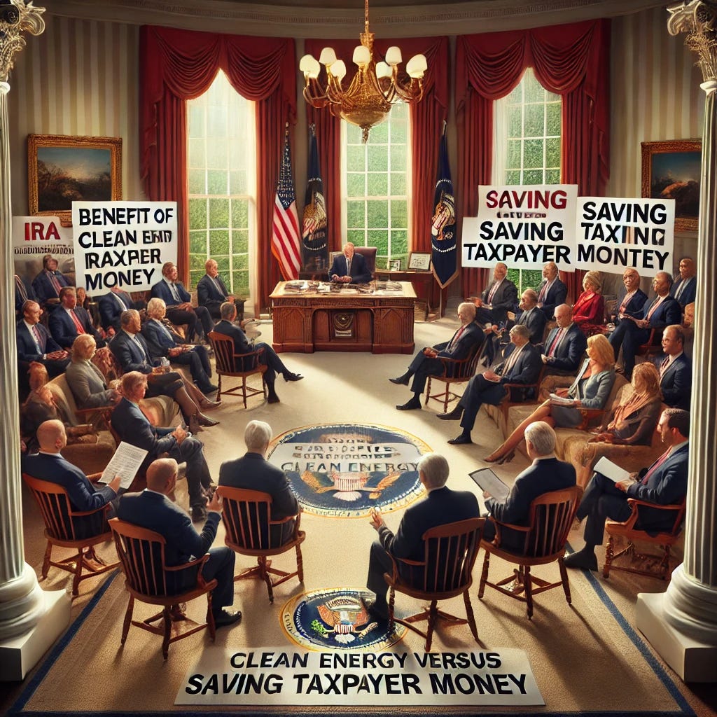 A hyper-realistic depiction of a debate in the Oval Office about the benefits of an IRA bill versus saving taxpayer money. The scene features a group of policymakers and advisors seated around the presidential desk, some presenting charts and reports supporting the IRA benefits like clean energy and healthcare, while others argue for the importance of reducing taxpayer burdens. The setting includes the iconic Oval Office decor, with flags, a large desk, and a presidential seal on the carpet. The lighting is formal and emphasizes the seriousness of the discussion, with participants displaying emotions of determination and concern.