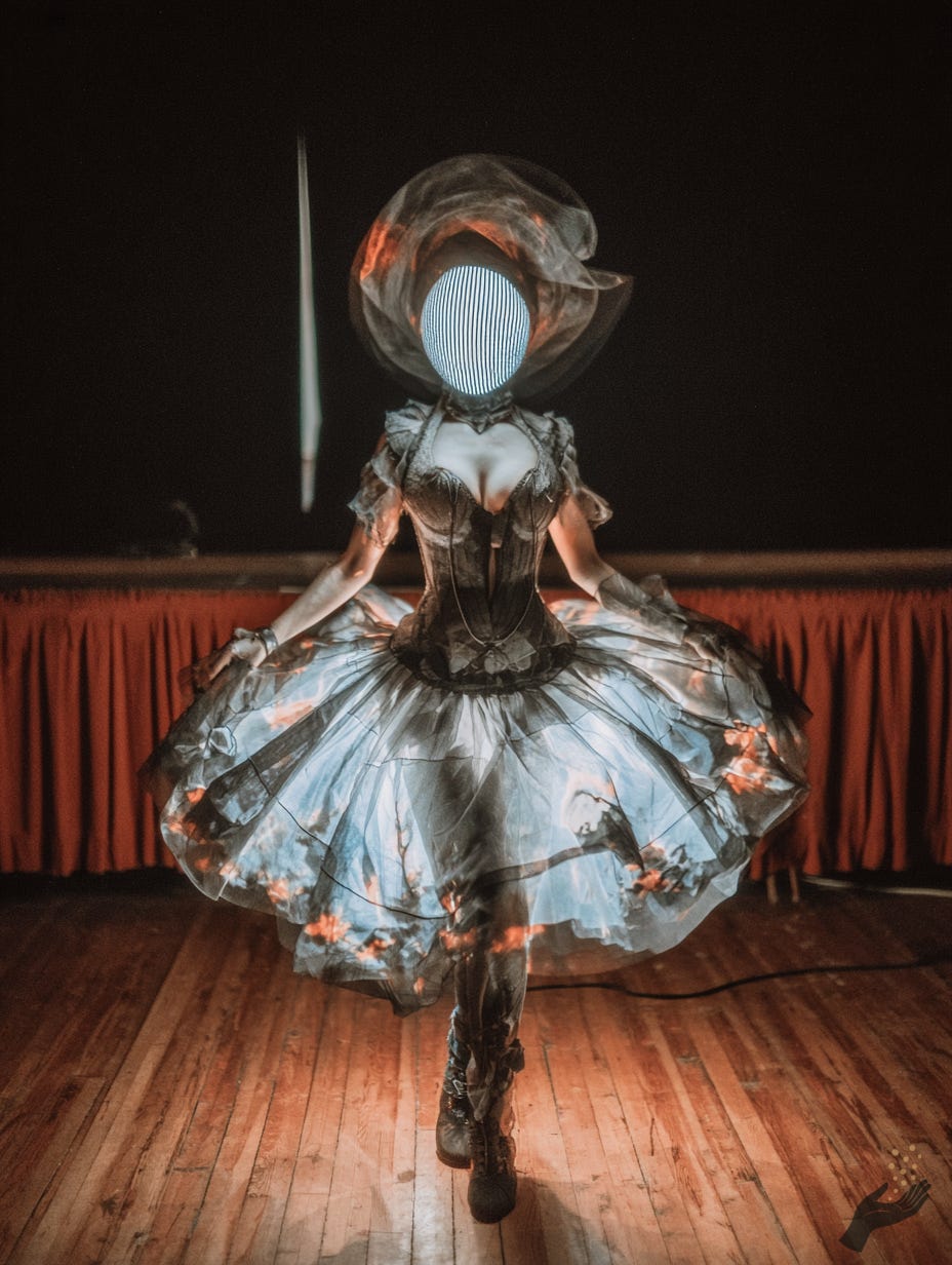 Surreal stage artwork of a faceless figure in a wide blue dress and elaborate headpiece dancing on a wooden floor. 