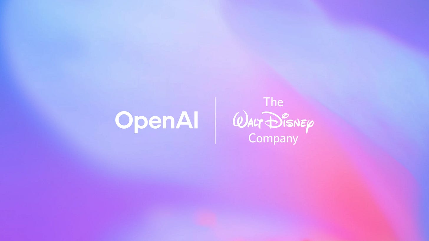 Logos for OpenAI and the Walt Disney Company in white on a background of swirling purples, blues, and magenta