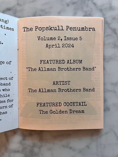 picures of a handmade zine about the allman brothers and the Golden Dream cocktail