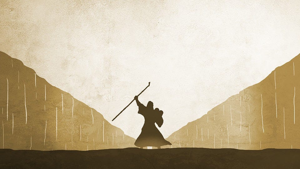 this is an illustrated image rather than a painting or a photograph. it's done in all colors of beige and brown, and is a... what's the word? Cameo? like, it's just the outline of the figures, like shadows, but not their distinct features. anyway, it's moses parting the red sea, but again, all the images are in brown and sepia and white tones, etc. god i wish i was better at this