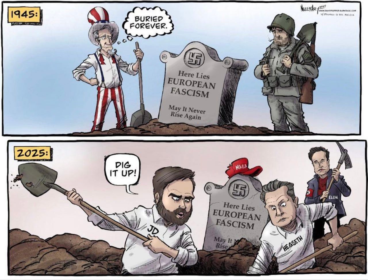 May be an image of 1 person and text that says '1945: 40· BURIED FOREVER. NELEyAe เลอรี WWPEPrRSIAN UeИeйcb KAJLEIN 55 Here EUROPEAN Lies FASCISM May I Rise It Never Again 2025: DIG IT 1무00 ITUP! UP! MAGA A ELOH Here EUROPEAN Lies FASCISM JD #HEGSETH HEGSETH'