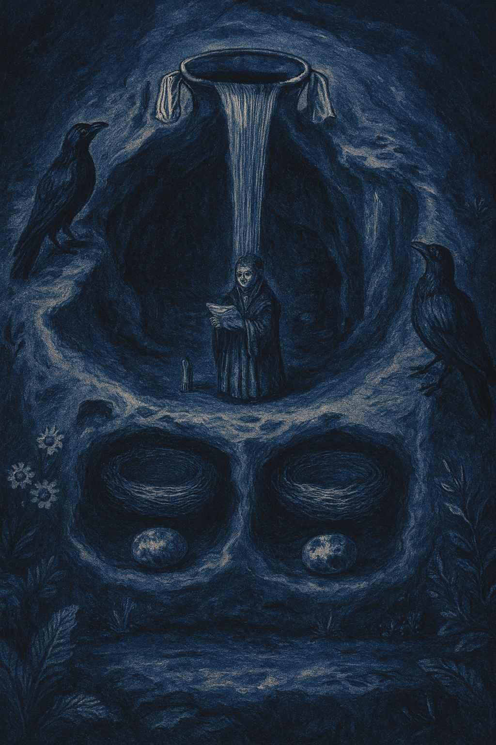 Image generated by gpt-image-1 called by ChatGPT 5 Thinking. Prompt:Rework this image in the detailed aesthetic of a Rembrandt cartoon: soft cel-shaded colors and crisp lines. Draw heavy inspiration from the style of the celebrated Dutch master Rembrandt. Use this color palette: deep blue, light blue, azure, pastel blue, indigo. Without adding any elements or changing anything about the scene’s content, rework it in the style of Rembrandt.