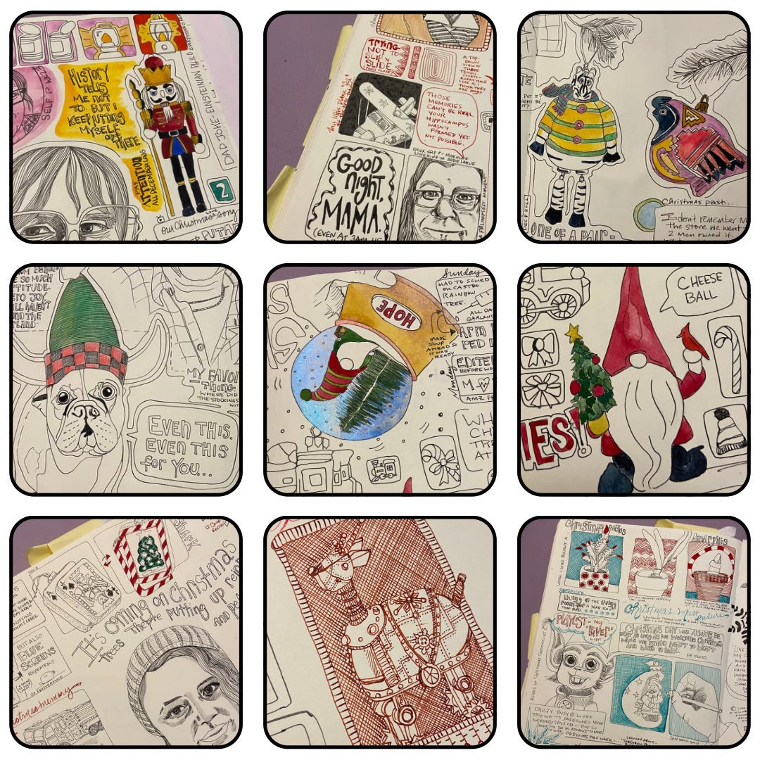 Assorted excerpts from illustrated journal pages, 2020-2022. A. Cowen