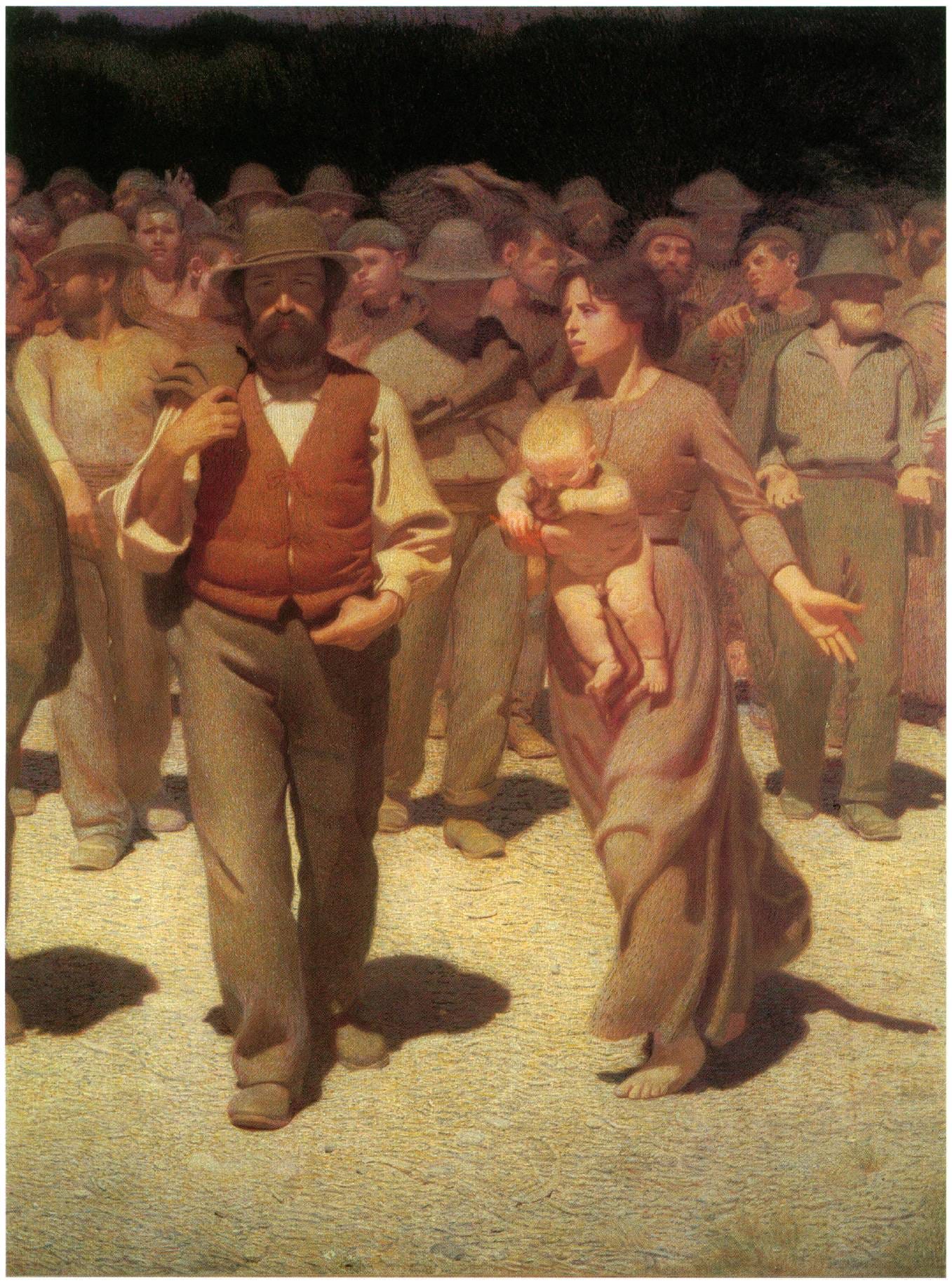 Giuseppe Pellizza da Volpedo, The Fourth Estate, detail of the three figures at the head of the crowd. Giuseppe Pellizza da Volpedo, The Fourth Estate, detail of the three figures at the head of the crowd.