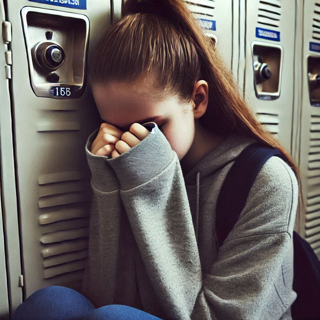 Girl leaning against school lockers, crying