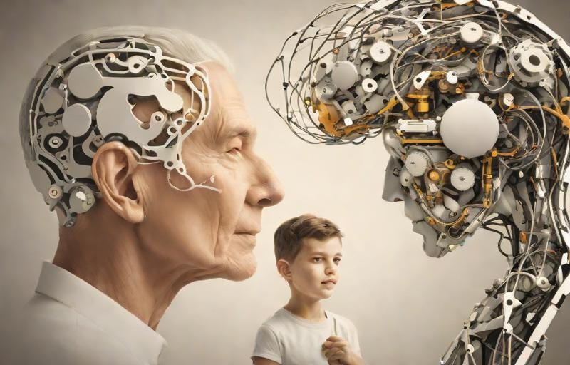 cyborg, old man with brain-link, and young boy