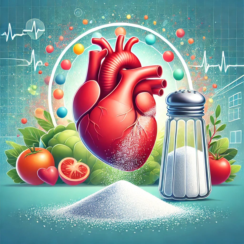 An illustration showing a balanced approach to sodium intake for heart failure patients. The image depicts a heart and a salt shaker with a moderate amount of salt being sprinkled, emphasizing a balance between too much and too little sodium. The background includes a mix of fresh fruits and vegetables, symbolizing healthy dietary choices, with a subtle hospital or clinical setting to indicate medical context.