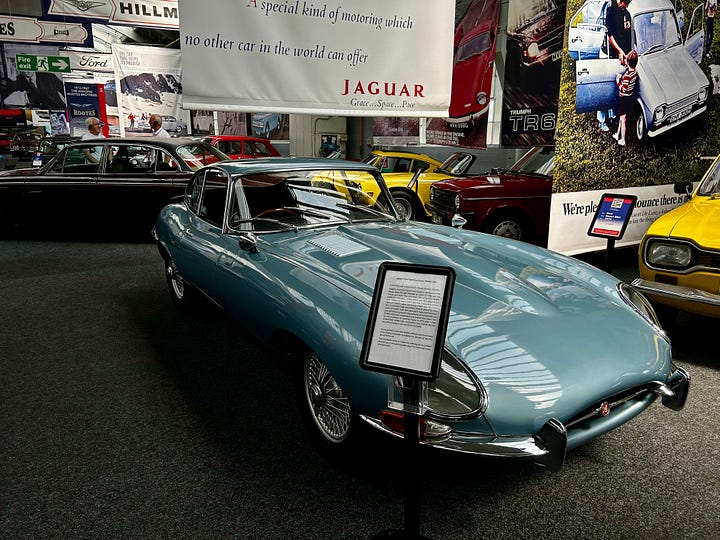 Four photos of cars at The Great British Car Journey. A: 1974 Austin 1300 B: 1968 MG 1300 C: 1968 Ford Anglia Estate D: 1966 Jaguar E-Type Fixed Head Coupe Image: Roland's Travels 2023
