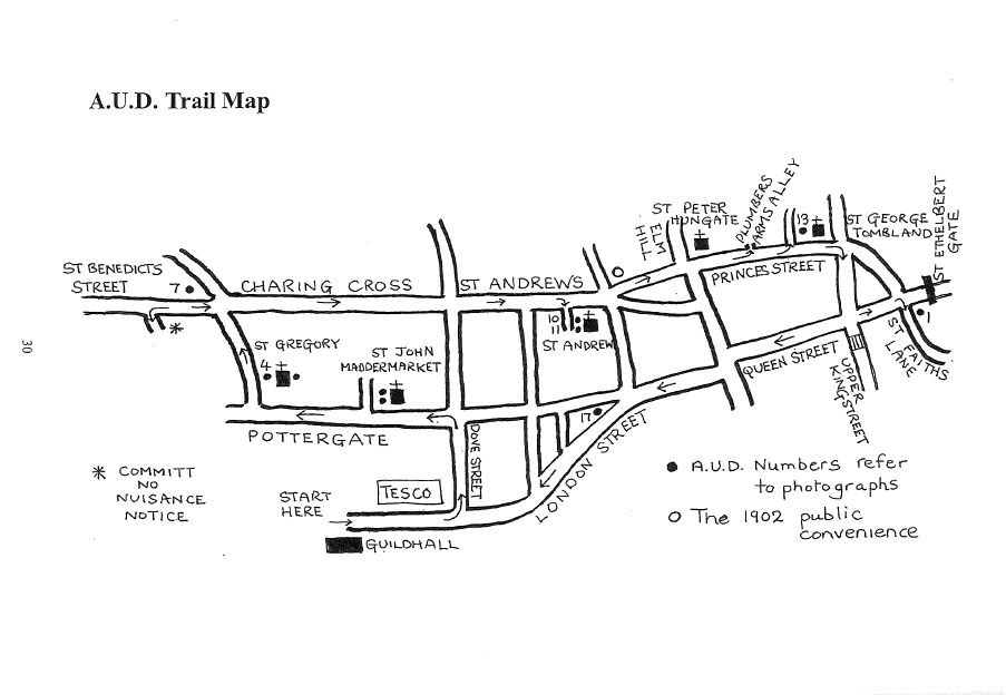 Hand-drawn map of central Norwich, with arrows from the Guildhall showing a rectangular route around the streets which should take you past 10 AUDs
