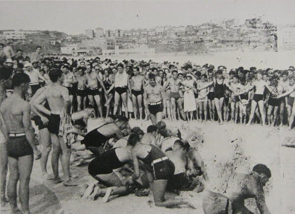 Mass rescues at Bondi Beach, on Black Sunday 6 February 1938.