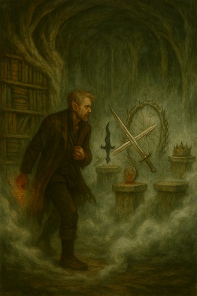 A dark fantasy image of Greegan's vision. Greegan, resembling Matt Ryan with tousled blond hair and a rugged, haunted expression, steps into swirling mist with blood drying on his knuckles. The stolen gem pulses faintly in his pouch. The mist curls around him curiously, like a lock testing its own tumblers. The fog parts to reveal a vast vault carved from petrified roots and ancient stone. Towering pedestals rise around him, each holding a relic: a dagger made of shadow, a crown of broken promises, and a coin that bleeds when touched. At the center stands a cracked mirror rimmed in silver thorns, glowing faintly. The lighting is eerie and atmospheric, with cool tones and subtle magical glows.