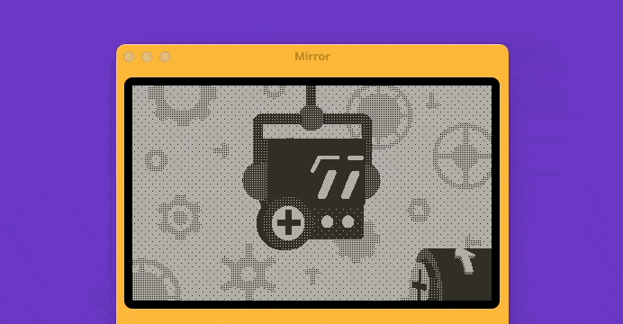 A black and white animated Playdate intro: A little playdate with headphones looks at a screw, which is unscrewed with a crank motion, and proceeds into a complex web of cogs filling the screen before they explode, revealing the workings of a machine assembling a Playdate console.