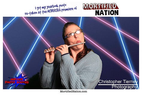 Several images with a laser light background. People wearing 80s hats, scarves, holding Sassy Magazine, or a piccolo, very retro and silly