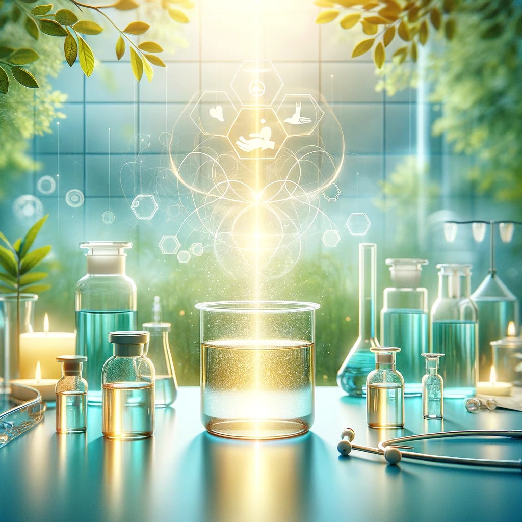 A square image highlighting the healing abilities of chlorine dioxide. The image features a serene medical setting with a backdrop of greenery symbolizing natural healing. In the foreground, there are clear glass containers with a light yellow liquid, symbolizing chlorine dioxide. A soft light emanates from these containers, creating a glow that suggests health and vitality. The overall color palette is soothing with greens, blues, and light yellows, conveying a sense of calm and wellness. No text overlays.