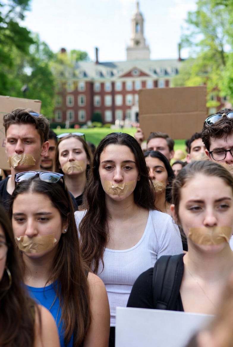Harvard students protest with taped mouths on campus, in a realistic photograph.
