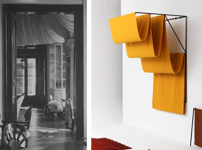 Fotografía antigua junto a imagen de la exhibición "El hogar vestido"