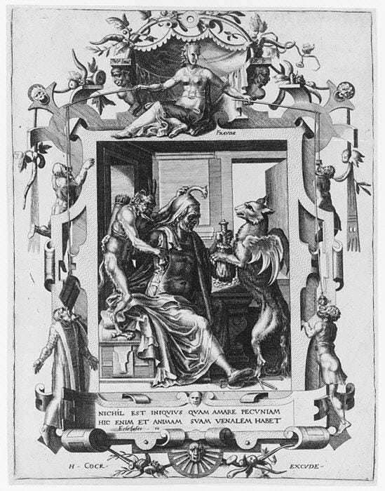Allegory of Avarice, or Fraud, Dirck Volckertsz Coornhert (Netherlandish, Amsterdam 1519/22–1590 Gouda) Allegory of Avarice, or Fraud, Dirck Volckertsz Coornhert (Netherlandish, Amsterdam 1519/22–1590 Gouda)