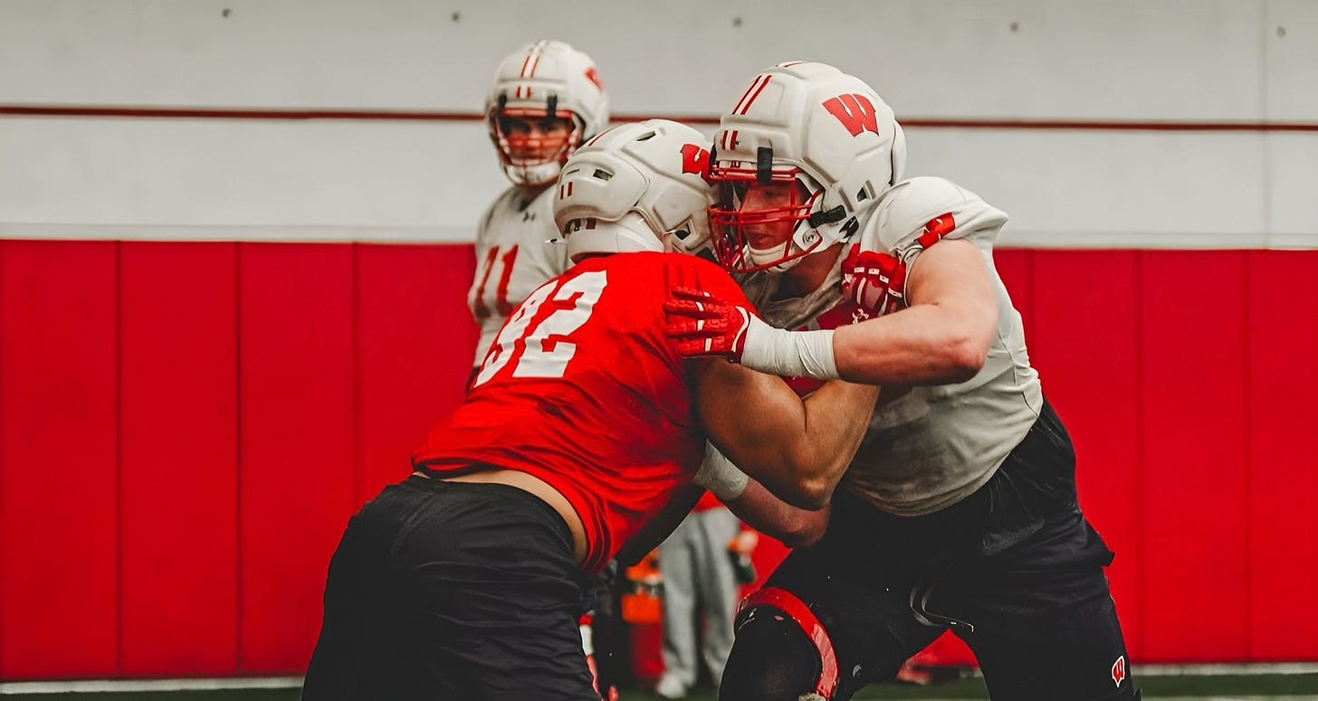 Wisconsin OLB Corey Walker faces off against LT Kevin Heywood in spring practice at the McClain Center. Wisconsin OLB Corey Walker faces off against LT Kevin Heywood in spring practice at the McClain Center.