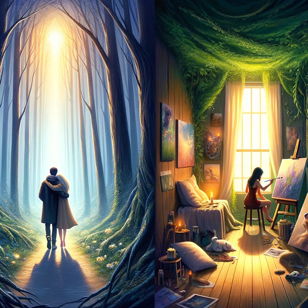 Revise the image to more clearly contrast security and intimacy with mystery and autonomy in long-term relationships. On one side, retain the depiction of ultimate security and emotional intimacy with the couple in a warm embrace within a cozy, softly lit environment, symbolizing love's safety and closeness. On the other side, replace the previous depiction with the couple engaging in individual activities that reflect their personal autonomy and mystery. Illustrate one partner exploring a dense, enchanting forest alone, a metaphor for personal growth and exploration, and the other partner in a separate scene, immersed in painting in a bright, sunlit studio, representing creative freedom and self-expression. These individual activities highlight the importance of maintaining personal space, mystery, and autonomy to fuel desire and passion in the relationship.