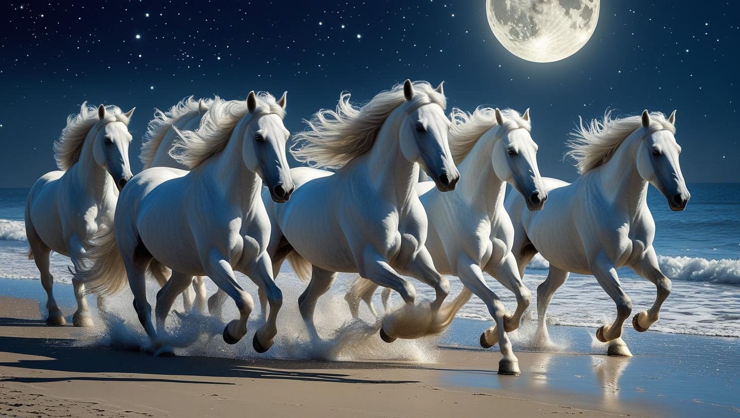 An AI-generated image of six silver horses galloping along a beach, under the light of the moon An AI-generated image of six silver horses galloping along a beach, under the light of the moon