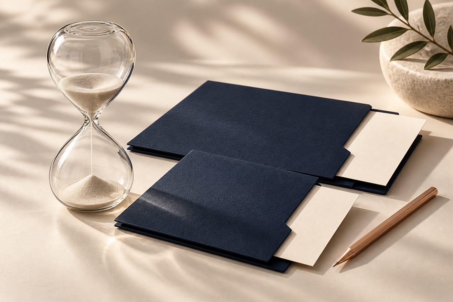 Conceptual still life of a glass hourglass, two navy document folios with blank ivory cards, and a copper pencil. Conceptual still life of a glass hourglass, two navy document folios with blank ivory cards, and a copper pencil.