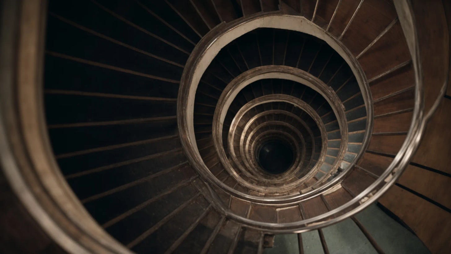 a spiral staircase unwinds into obscurity, mirroring the dizzying descent into hitchcock's 'vertigo'.