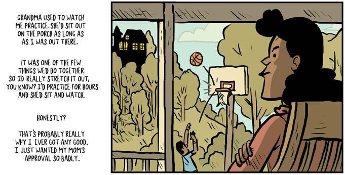 Panel from "Old Head." The protagonist describes his relationship to his mother.