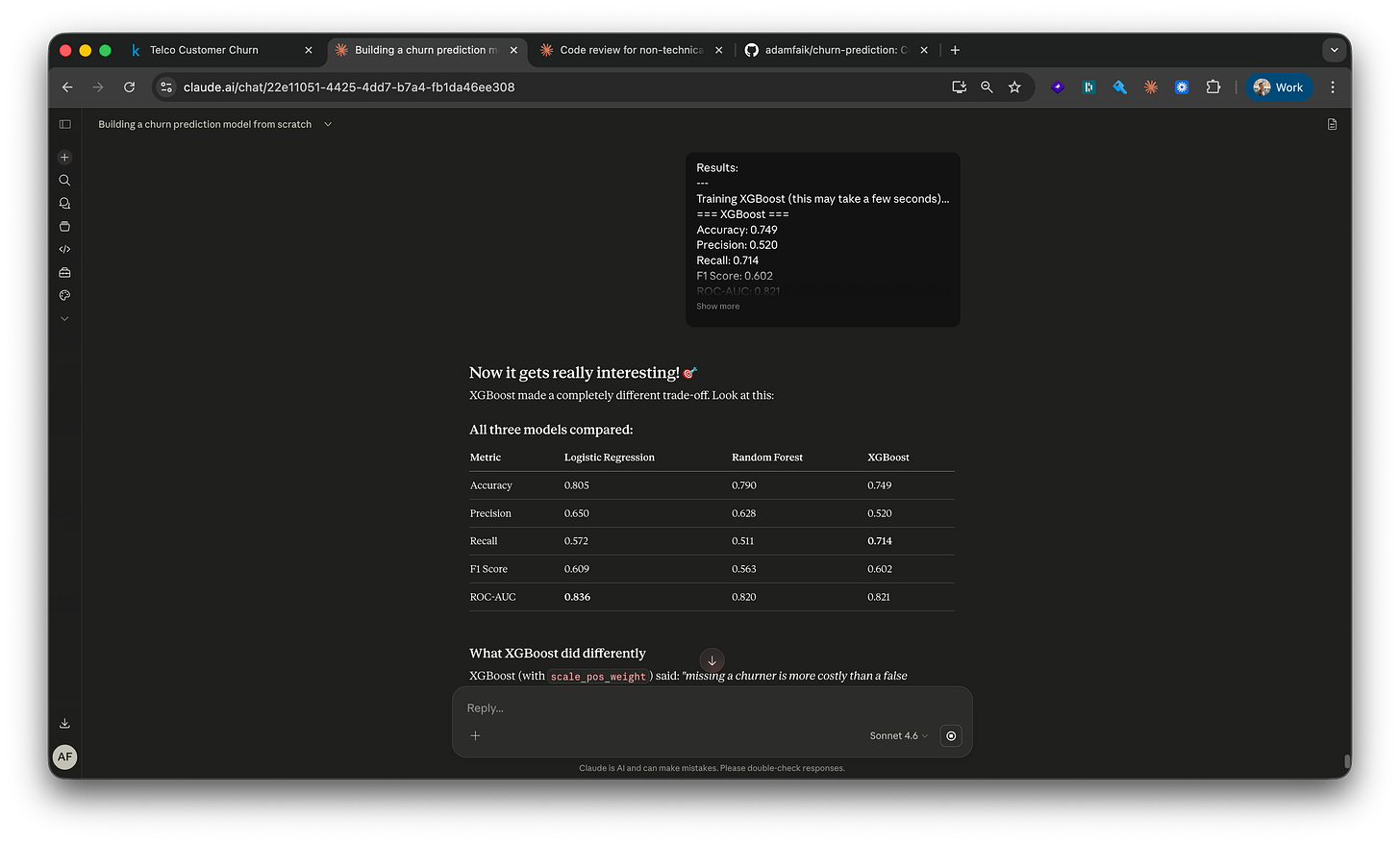 Claude.ai chat showing a comparison table of Logistic Regression, Random Forest, and XGBoost across Accuracy, Precision, Recall, F1 Score, and ROC-AUC, with XGBoost recall (0.714) bolded as the best