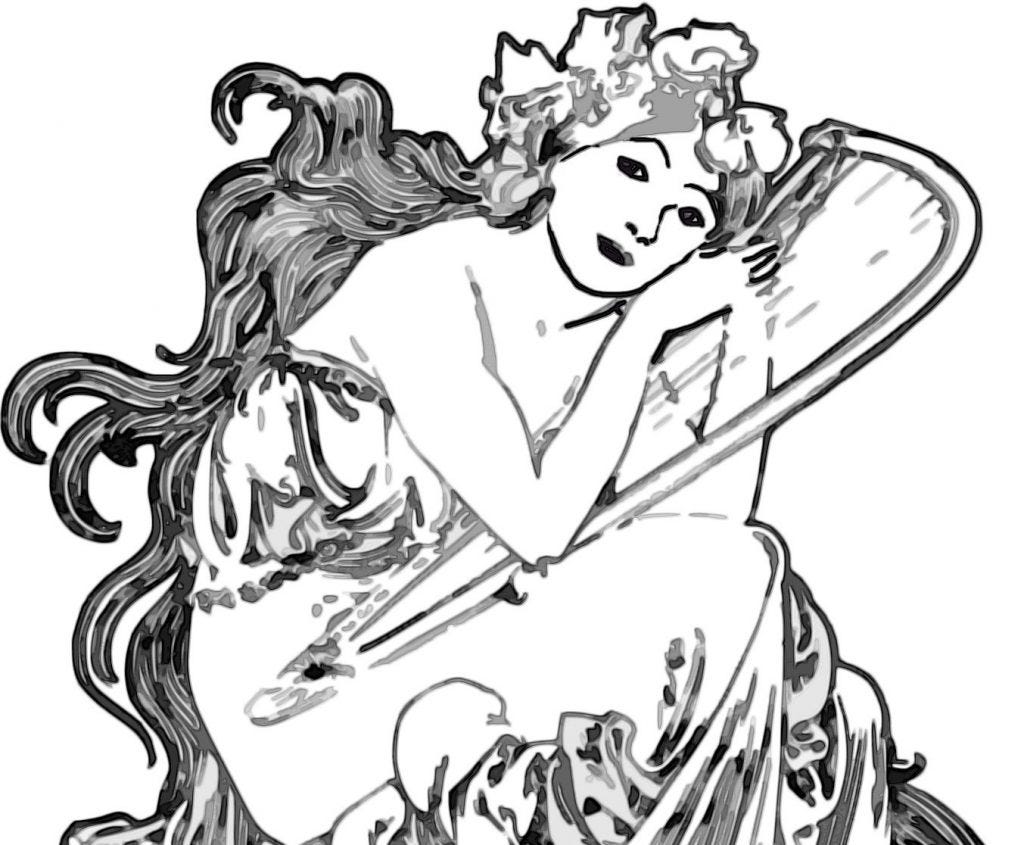 pen and ink sketch of a female muse holding a harp pen and ink sketch of a female muse holding a harp