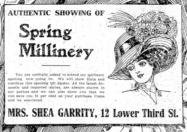 1910 ad for Mrs. Shea Garrity Millinery store