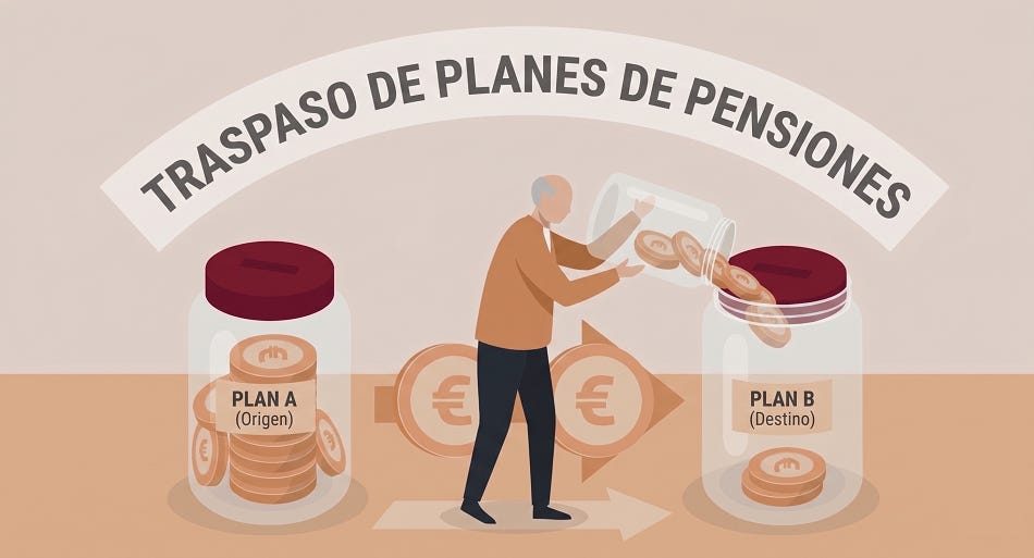 Infografía sobre el traspaso de planes de pensiones con personajes y monedas de euro, ilustrando el movimiento de fondos entre diferentes planes de ahorro