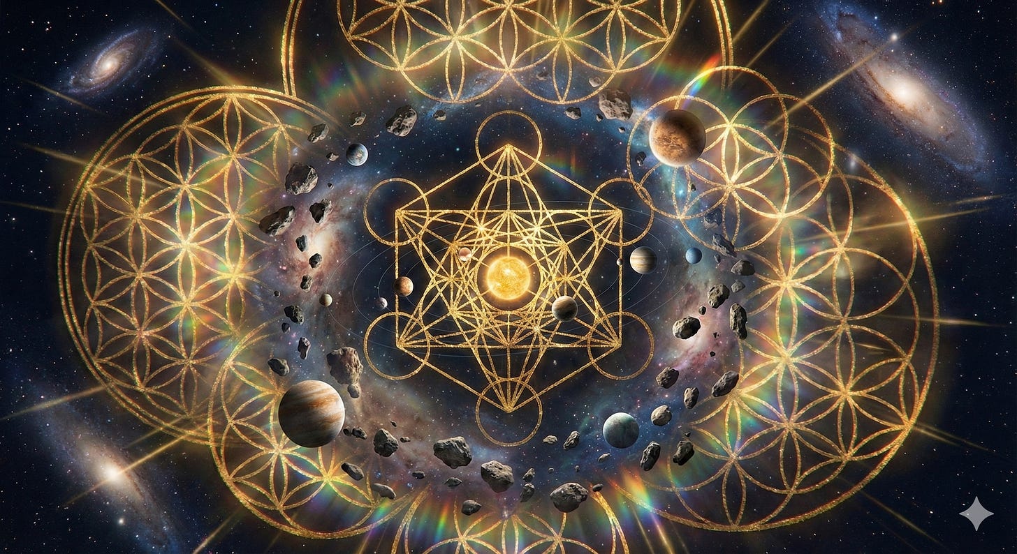 Planetas e asteroides girando em tornos de linhas de geométricas de luz no universo